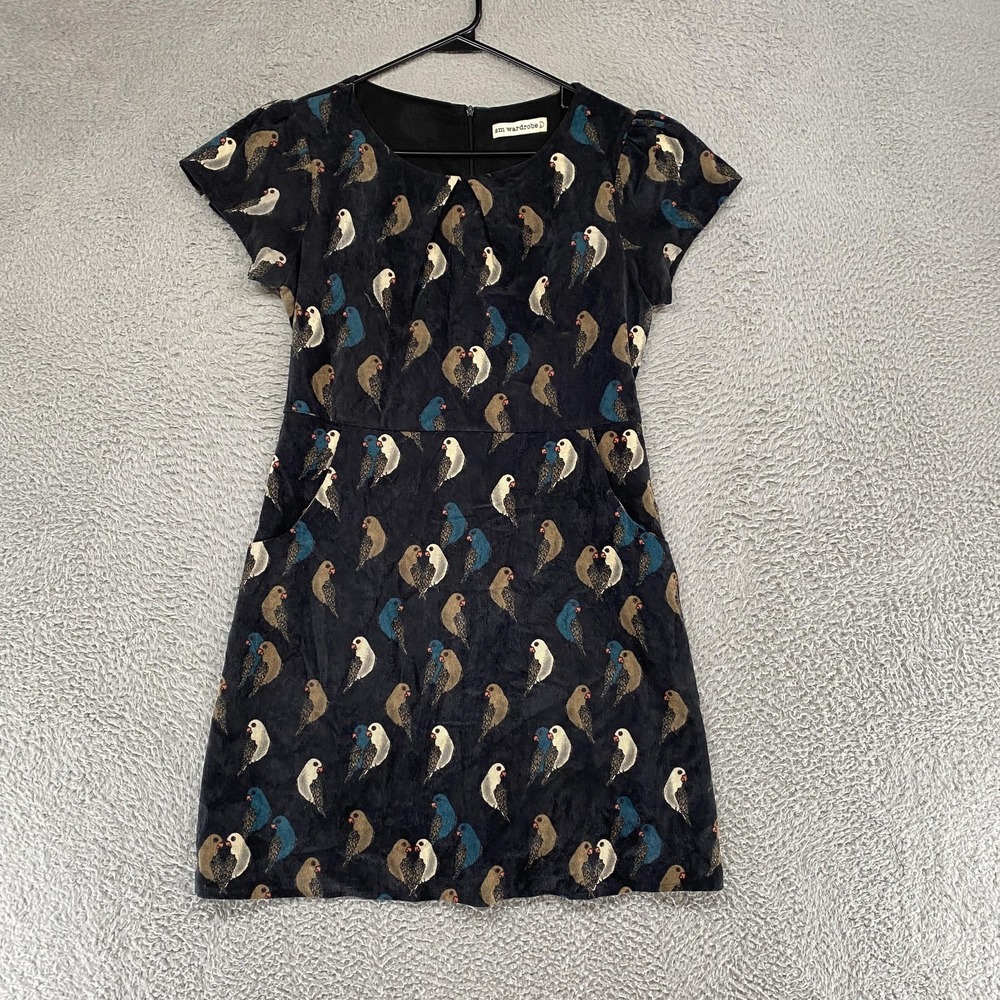 Sm Wardrobe Dress Womens L Black Bird Print Corduroy Fit Flare Retro Novelty
